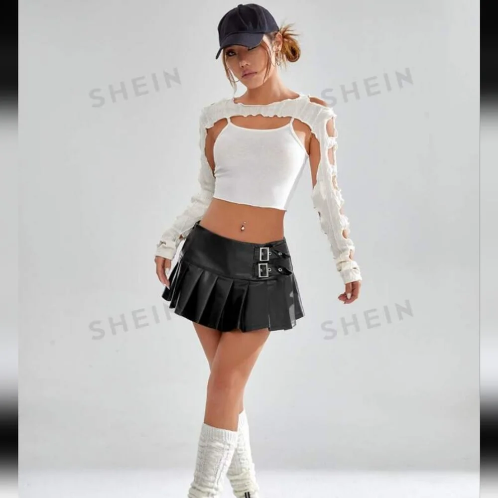 SHEIN ICON Buckle Detail Pleated Hem PU Leather Skort SIZE 6